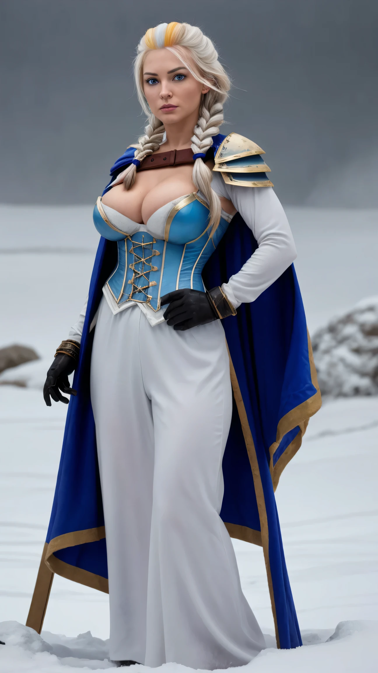 masterpiece, best quality, 1girl, solo, standing, jainapost, multicolored hair, white hair, (single braid:1.1), chest strap, cleavage, armor, corset, blue cape, gauntlets, bracer, greaves, long sleeves, parted lips, hand on hip, dark, huge breasts, bursting breasts, magic, spell, crystal, frost, ice, blizzard,,,,,