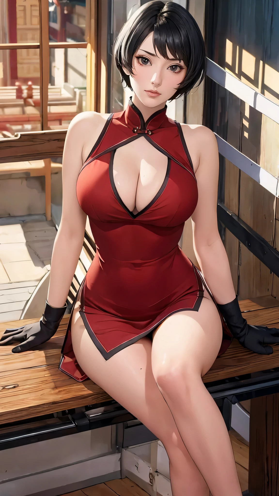 （（（Wearing a red slit cheongsam，Black gloves on both hands。（（（Kurotsuchi，short black hair，black pupils，Good-looking， ））），（（（wide hips））），S-shaped body:1.7））），((masterpiece)),high resolution, ((Best quality at best))，masterpiece，quality，Best quality，（（（ Exquisite facial features，looking at the audience,There is light in the eyes，lol，confidence ））），（（（Light and shadow interlace，huge ，cleavage））），（（（looking into camera，sit on the table，legs together，Put your hands behind your back）））