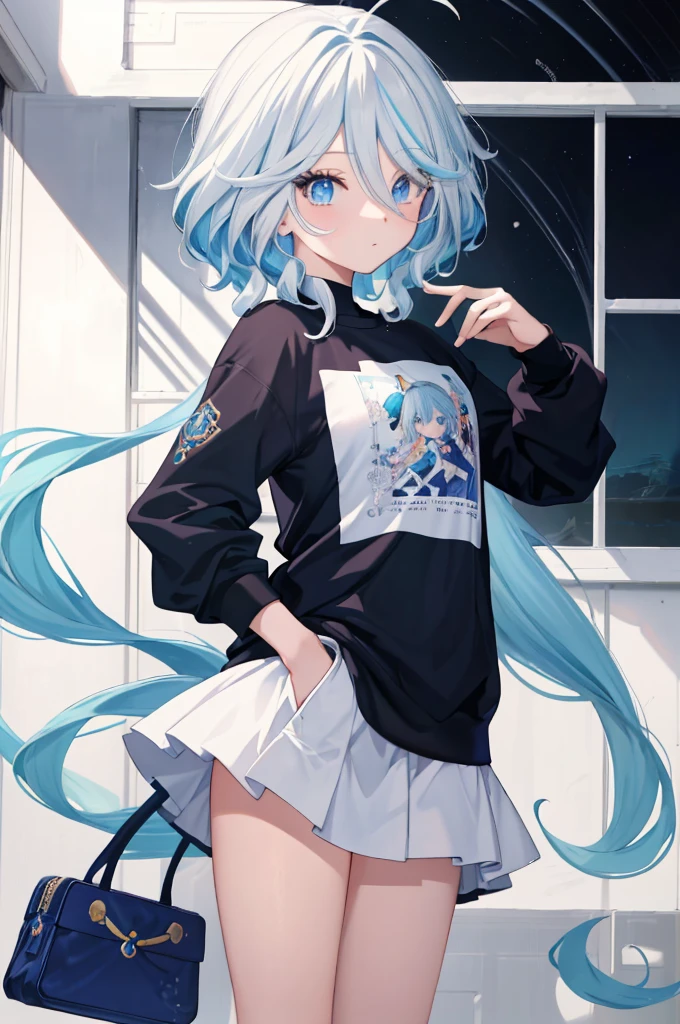 Furina  anime com cabelos brancos e olhos azuis, deus de cabelos brancos, garota retrato, camiseta, sweatshirt, Anime Girl with Cosmic Hair, com cabelos brancos, cabelos brancos, arte digital no Pixiv, retrato de anime Cirno, trends on artstation pixiv, cabelos brancos perfeitos, cabelo branco, retrato de olhos azuis, a miniskirt