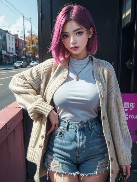 (best quality, hyper detailed, high quality, masterpiece)"Create an image of a fashionable and trendy gal-style girl. She should have colorful dyed hair, styled in a cute and edgy way. She should be wearing a trendy outfit with a mix of vibrant colors and bold patterns. The background should be a vibrant cityscape or a stylish urban setting to complement her fashion-forward look. Make sure to capture her confident and sassy demeanor in the image. Showcasing her with a happy and stylish expression would be perfect.(large breasts),