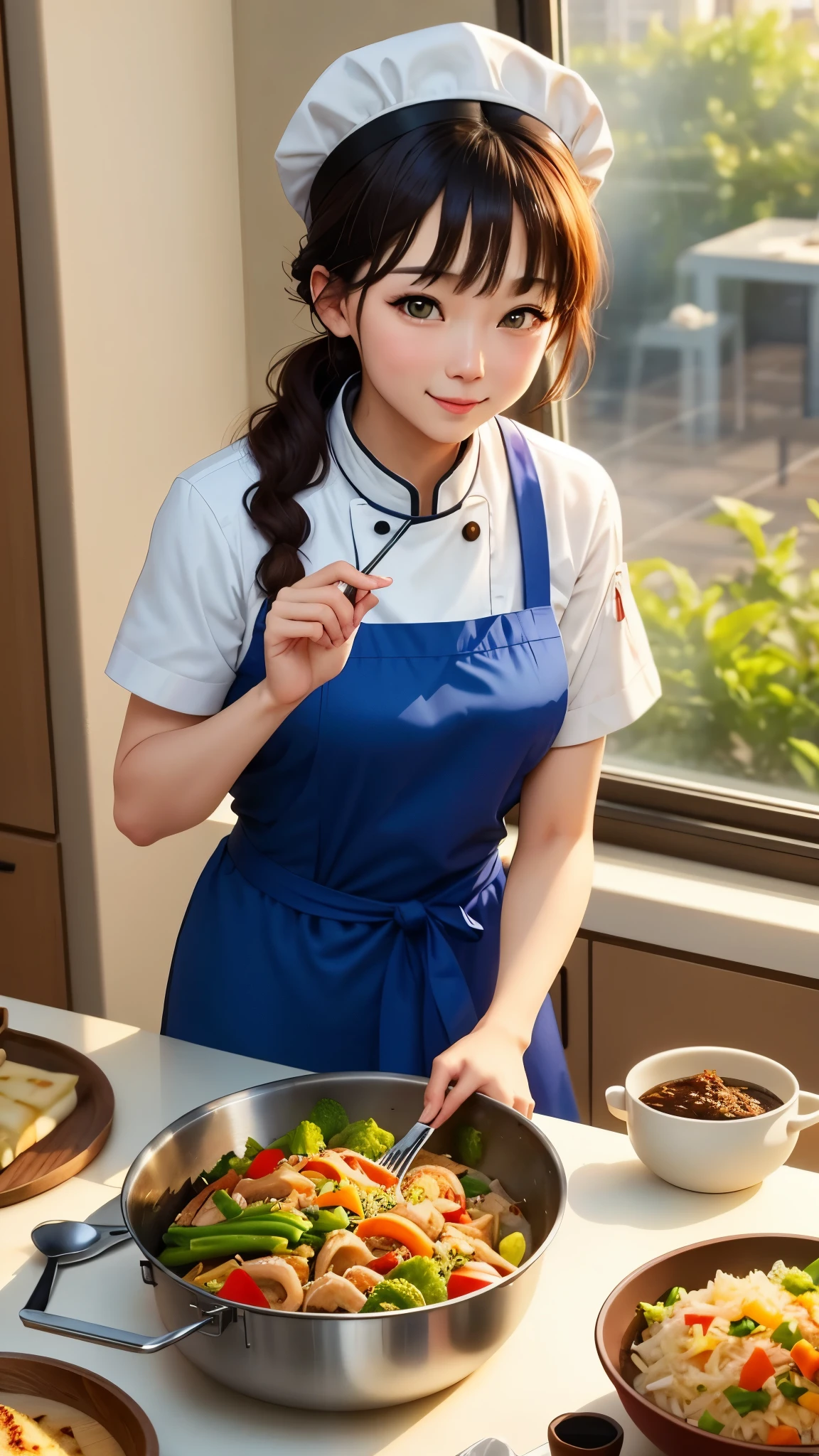 A round-eyed cute cat, Wear a chef's suit, Stir-fry in the kitchen, Sunlight outside the window, food tutorial,