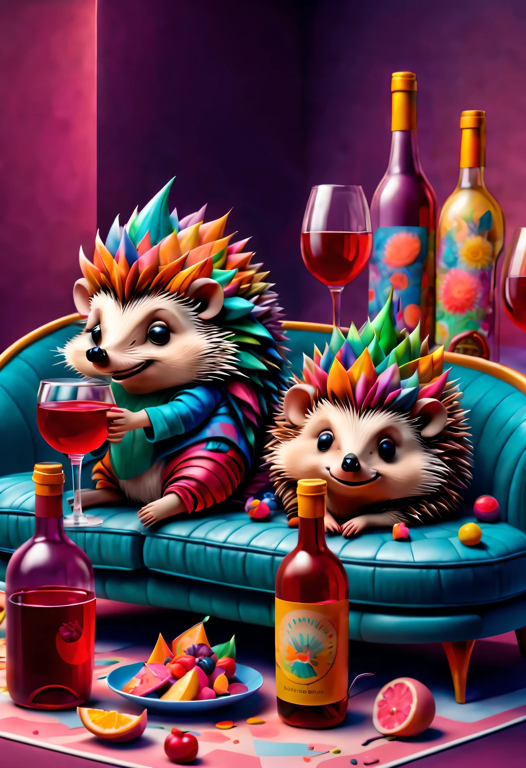With folk art style, (Cute little hedgehog curled up on the sofa drinking water), beautiful details, (Exaggerated magnum), (Get colorful and trendy hair or back tattoos,) (Wearing hip-hop style pajamas, Wearing an exaggerated nightcap,) (Mask on face, Large, soft colorful pillows,) There are many snacks and colorful drink bottles on the ground, detailed details,
background: Comfortable and comfortable living room 3D rendering, happy light,
cartoon, illustration, Pixar, Japanese cartoons, ultra high definition, high quality, 32k, interesting,