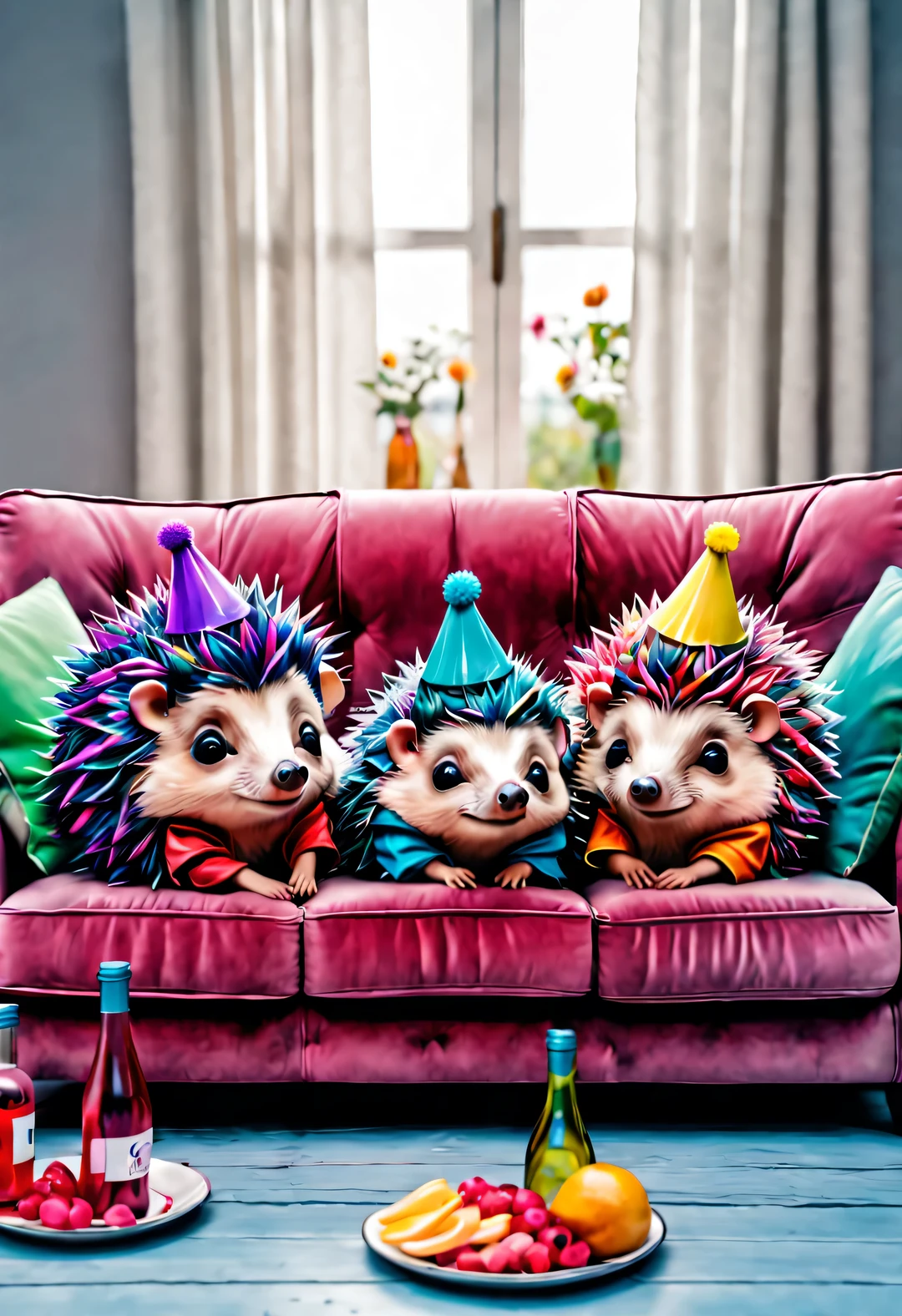 With folk art style, (Cute little hedgehog curled up on the sofa drinking water), beautiful details, (Exaggerated magnum), (Get colorful and trendy hair or back tattoos,) (Wearing hip-hop style pajamas, Wearing an exaggerated nightcap,) (Mask on face, Large, soft colorful pillows,) There are many snacks and colorful drink bottles on the ground, detailed details,
background: Comfortable and comfortable living room 3D rendering, happy light,
cartoon, illustration, Pixar, Japanese cartoons, ultra high definition, high quality, 32k, interesting,