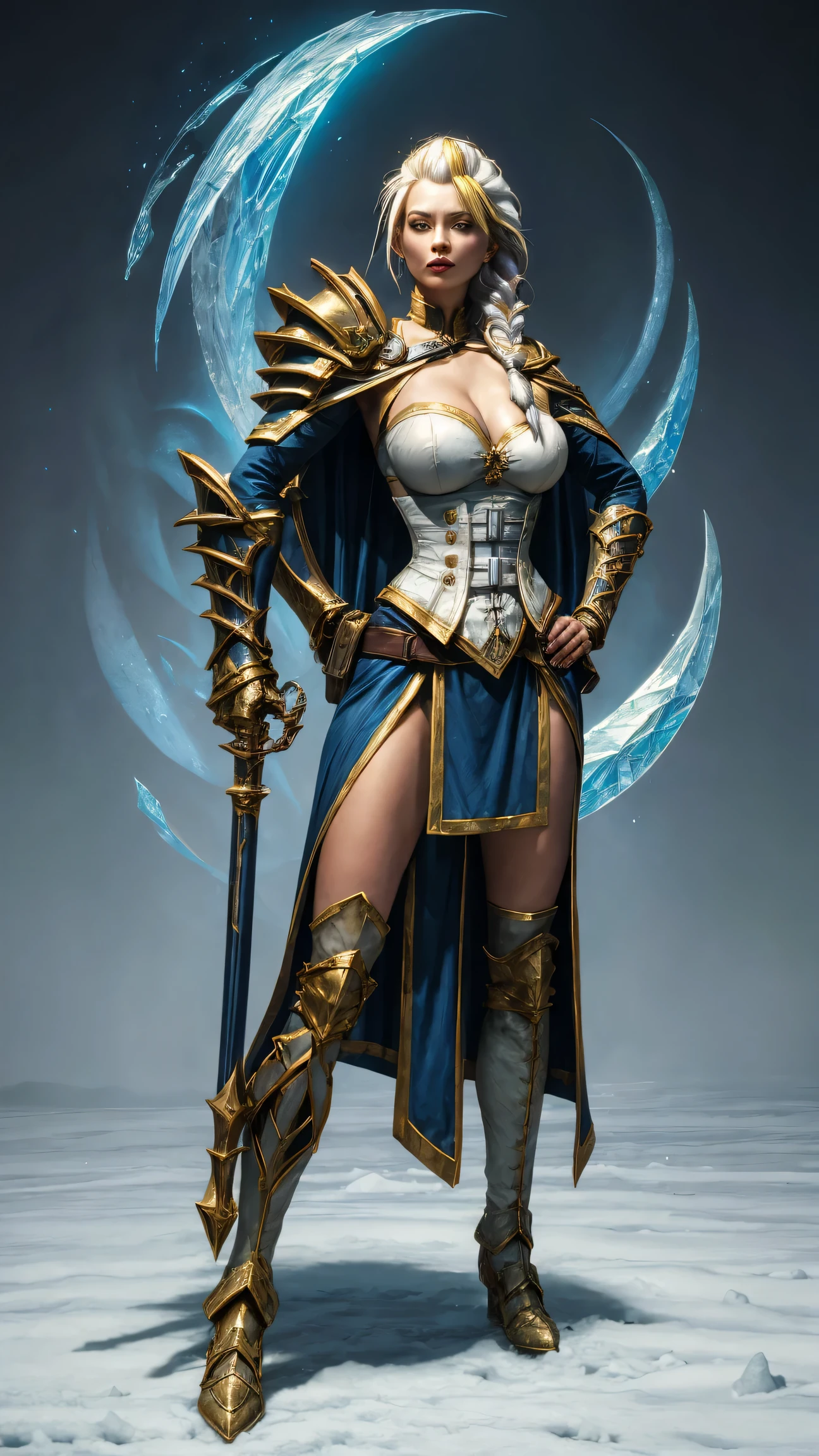 masterpiece, best quality, 1girl, solo, standing, jainapost, multicolored hair, white hair, (single braid:1.1), chest strap, cleavage, armor, corset, blue cape, gauntlets, bracer, greaves, long sleeves, parted lips, hand on hip, dark, huge breasts, bursting breasts, magic, spell, crystal, frost, ice, blizzard,,,,,