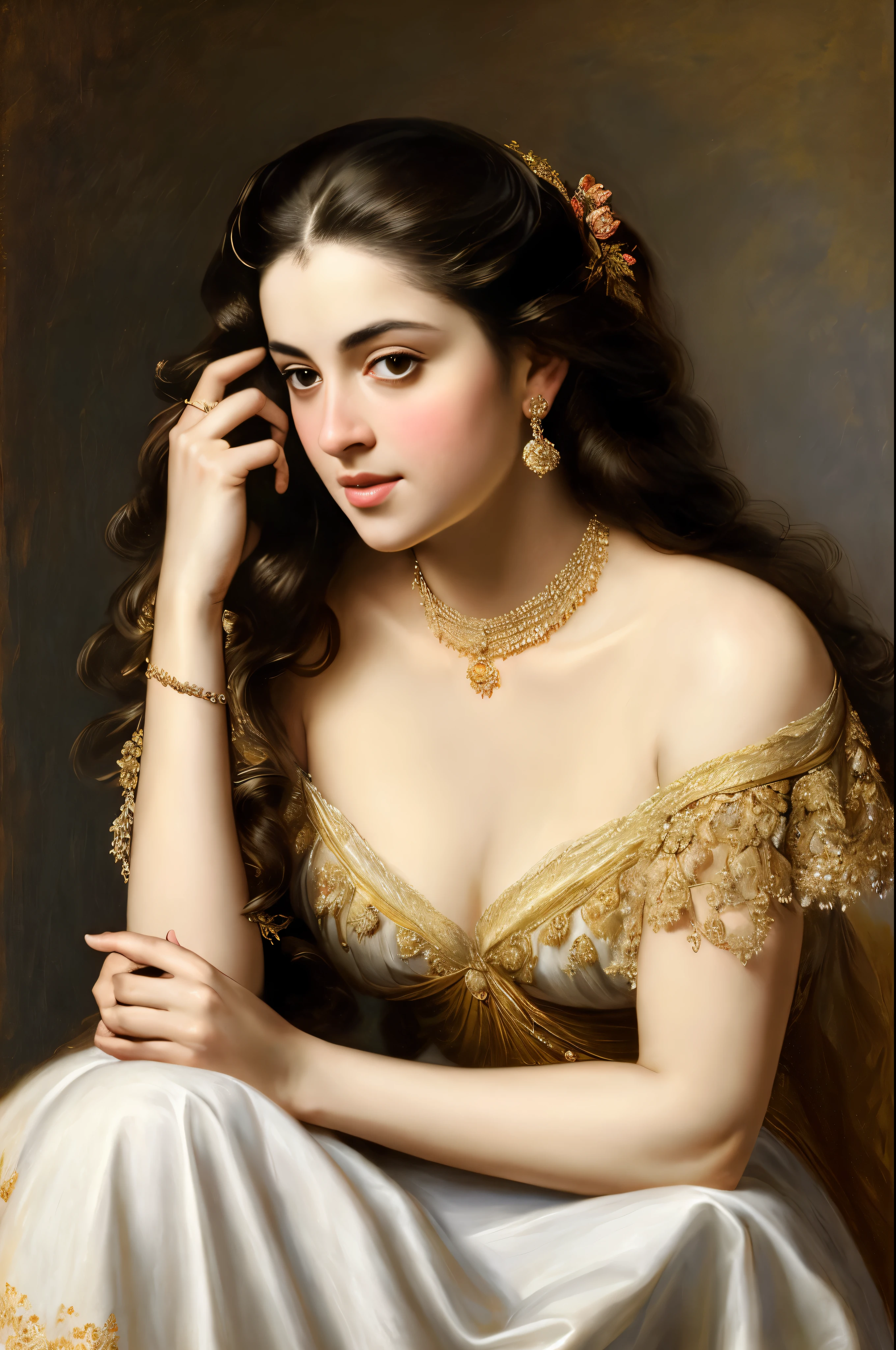 Best quality, highly detailed, masterpiece, Indian princess, Rajkanya, royal clothes, Masterpiece, extremely gorgeous woman, matchless Beauty, portrait, Peter Paul Rubens style, Woman, off shoulder bandeau crop blouse, beautifully styled hair, fluffy hair, middle ages, classicism, andrey atroshenko style, painting, long hair, styled hair, traditional media, realistic, figurative, fine art, detailed Art, oil on canvas, HDR, 8K, original character, high resolution, high detail, focus on the face, intricate, flawless, fluffy hair, Peter Paul Rubens style, By Peter Paul Rubens, sharp picture, no crown