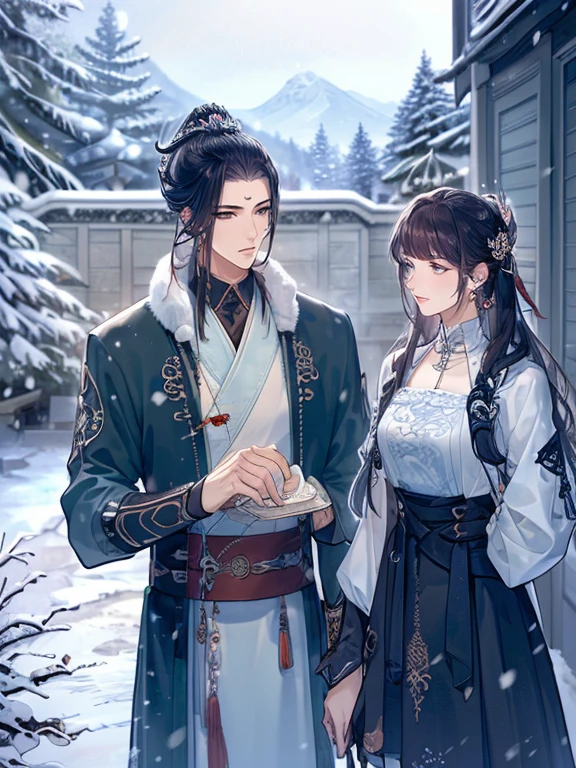 (best quality), ((masterpiece)), (highres), illustration, original, extremely detailed, licg, snow, snowman, 1girl, 1boy, chinese clothes, black hair, outdoors, long hair, winter, long sleeves, fur trim, hanfu, snowing, ponytail, jewelry, ribbon, looking down, earrings, blurry, hair ornament