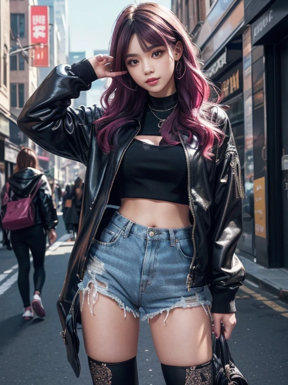 (best quality, hyper detailed, high quality, masterpiece)"Create an image of a fashionable and trendy gal-style girl. She should have colorful dyed hair, styled in a cute and edgy way. She should be wearing a trendy outfit with a mix of vibrant colors and bold patterns. The background should be a vibrant cityscape or a stylish urban setting to complement her fashion-forward look. Make sure to capture her confident and sassy demeanor in the image. Showcasing her with a happy and stylish expression would be perfect.(large breasts),(cropped torso),