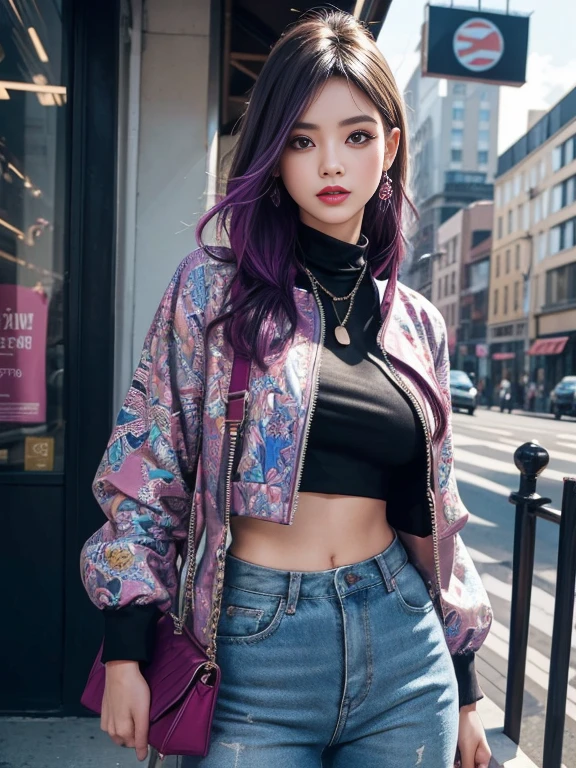 (best quality, hyper detailed, high quality, masterpiece)"Create an image of a fashionable and trendy gal-style girl. She should have colorful dyed hair, styled in a cute and edgy way. She should be wearing a trendy outfit with a mix of vibrant colors and bold patterns. The background should be a vibrant cityscape or a stylish urban setting to complement her fashion-forward look. Make sure to capture her confident and sassy demeanor in the image. Showcasing her with a happy and stylish expression would be perfect.(large breasts),(cropped torso),