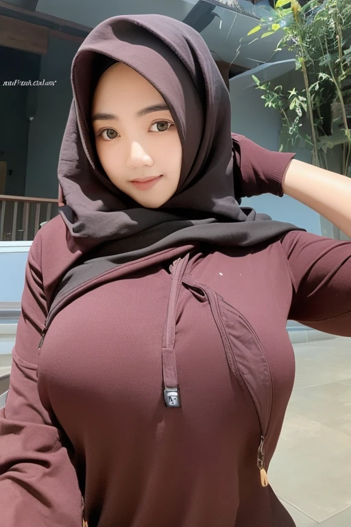 1girl, a young asian woman with muslim clothes,busty,dynamic pose,sexy smile,eye glass,hijab,armpit,hourglass body,sexy body,eye on camera,mosque,monastery,wulandari