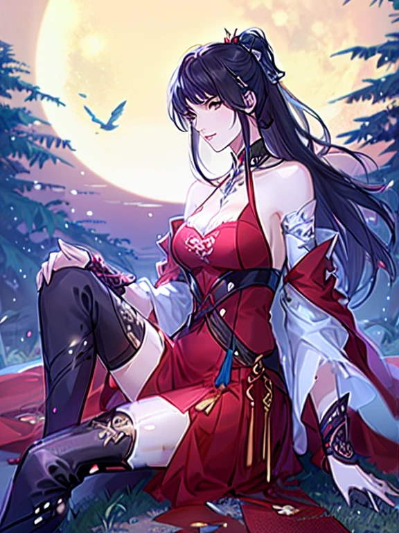 (best quality), ((masterpiece)), (highres), illustration, original, extremely detailed,licg, 1girl, bird, black hair, ponytail, thighhighs, long hair, solo, red dress, weapon, dress, tree, sword, boots, hair ornament, moon