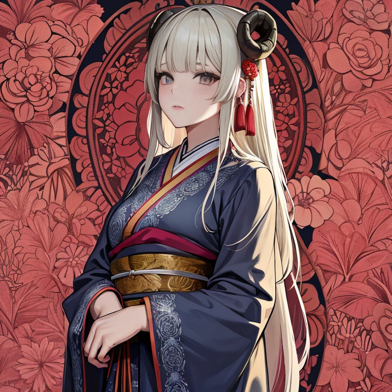 masterpiece, best quality, high-resolution,
A girl adorned with sheep horns poses solo in front of a Japanese pattern background filled with brightly colored flowers. Her hair, platinum blonde with bangs, is accessorized with a hair ornament. Her closed mouth adds an enigmatic allure. Despite the absence of real sheep, the Japanese motif remains prevalent, with intricate 12 signs embedded in her kimono, enhancing the ethereal beauty of this scene.