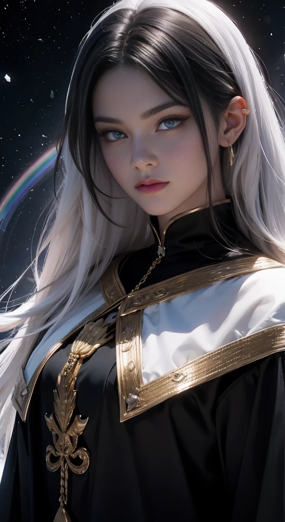 black woman, skin reference dark black, 40 years, long snow-white hair, rainbow color eyes, wearing a fine shiny silk fabric. The background is a hall of the universe. 8k, best quality masterpiece. Please i need the her skin be black, keep the characteristics but with a skin black and a expression of a person of 40 years