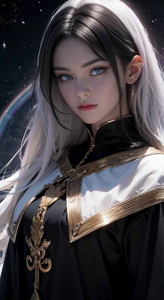 black woman, skin reference dark black, 40 years, long snow-white hair, rainbow color eyes, wearing a fine shiny silk fabric. The background is a hall of the universe. 8k, best quality masterpiece. Please i need the her skin be black, keep the characteristics but with a skin black and a expression of a person of 40 years