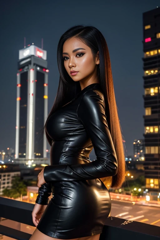 ((best quality)), ((masterpiece)), (detailed), perfect face, an Indonesian women Long straight tight hair style wearing black bodycon doff leather dress colorful make up with accessories , face to camera , big breast , roof top building at night , low light ,, full body shot , straight angle , hyper Realistic , 16 k UHD