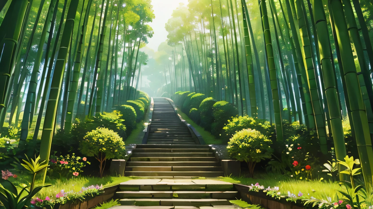 A bamboo forest，Full of all kinds of exotic flowers and plants