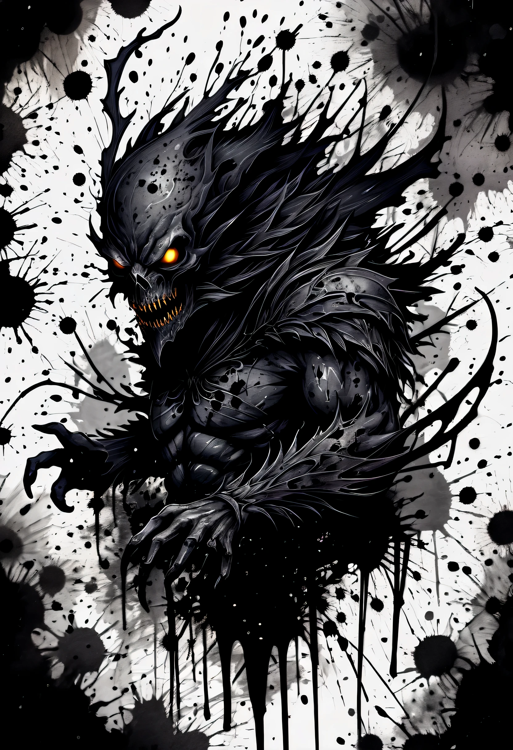 (((Dark fantasy ink splatter art:1.3))), Chaotic black strokes ink splatters, Intricate details, creature from another world, Insane beauty, Precise brushwork, amazing details, pure shine, Ink splatter coating for spooky atmosphere,