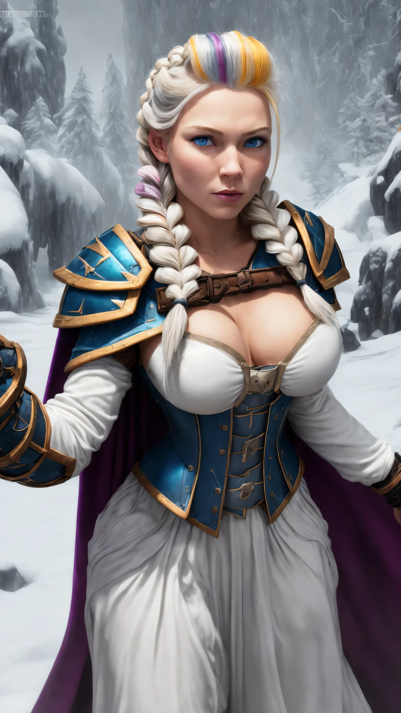masterpiece, best quality, 1girl, solo, standing, jainapost, multicolored hair, white hair, (single braid:1.1), chest strap, cleavage, armor, corset, blue cape, gauntlets, bracer, greaves, long sleeves, parted lips, hand on hip, dark, huge breasts, bursting breasts, magic, spell, crystal, frost, ice, blizzard,,,,,