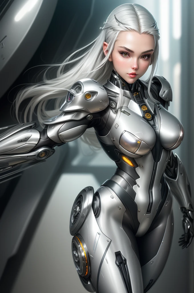 silver garment，tights，woman，Perfect body，Detail showcased，sexy，Fantasy，magic，Metal streamlined mecha，Streamlined machinery，Humanity，jumpsuit，Streamlined cyberpunk style，highest detail，Futurism，perfect girl，cute cyborg girl，Cyborg-silver-haired girl，beautiful women，Girl in mecha armor，HD，high quality， best quality ,