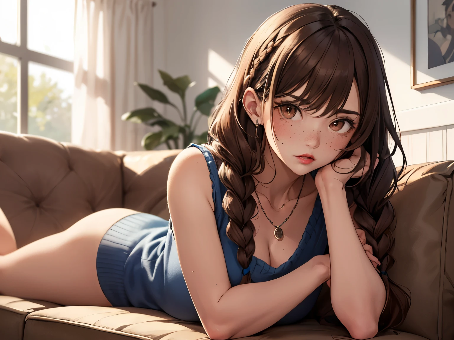 ((best quality)), ((masterpiece)), (detailed), Ridiculous resolution, ultra-high resolution, hyper resolution, (masterpiece:1.4), Hyper-detailing, a woman. She is . Auburn hair. She has bangs in her hair. Braids. red lips. closed lips. she is blushing. she has freckles. (Ultra detailed brown eyes:1.4)). she is lying on a sofa by the fireplace. She is wearing a blue colored sleeveless wool sweatshirt. necklace. She is upset.