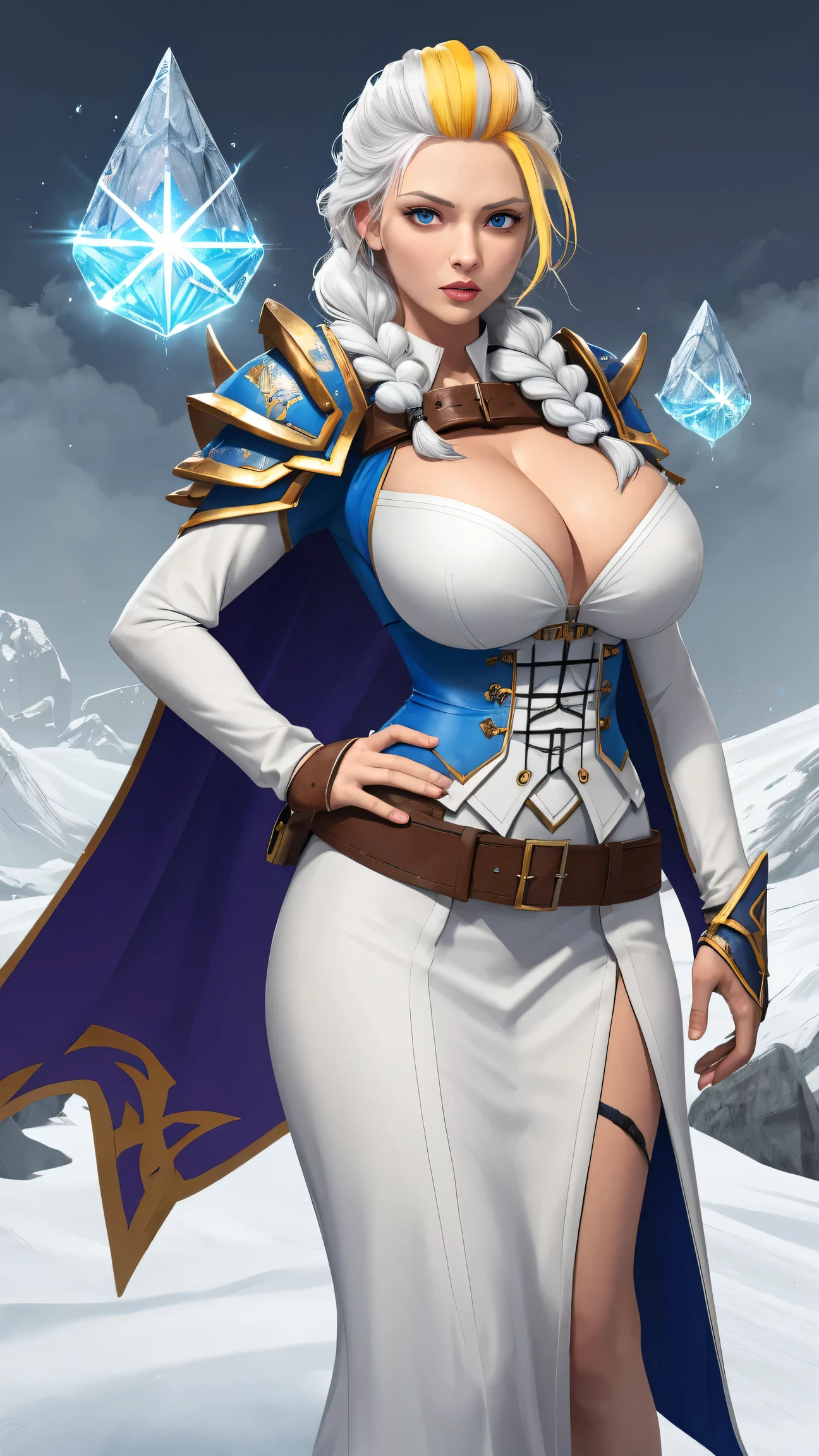 masterpiece, best quality, 1girl, solo, standing, jainapost, multicolored hair, white hair, (single braid:1.1), chest strap, cleavage, armor, corset, blue cape, gauntlets, bracer, greaves, long sleeves, parted lips, hand on hip, dark, huge breasts, bursting breasts, magic, spell, crystal, frost, ice, blizzard,,,,,