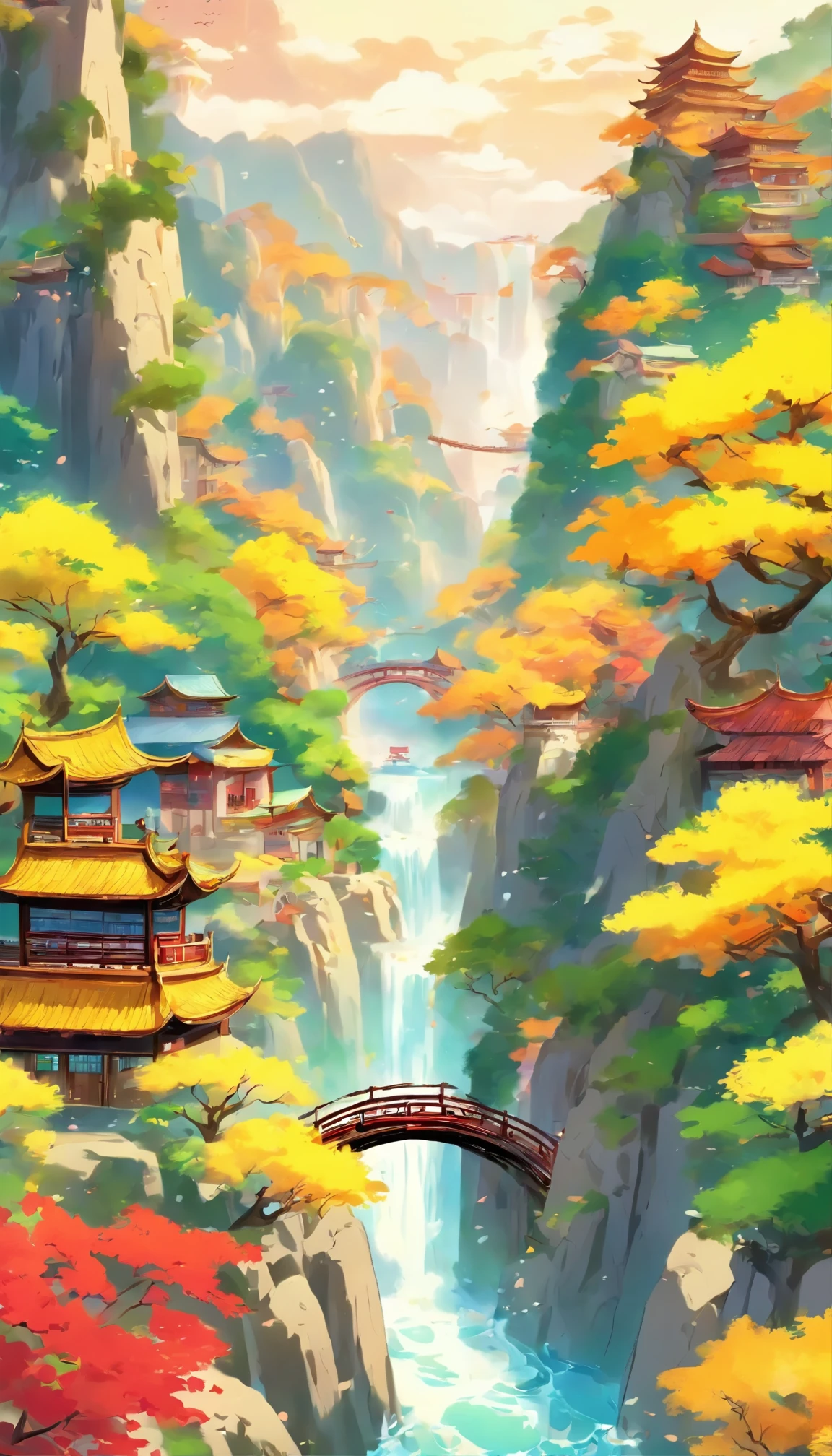 in picture book, There is a painting of a Chinese water town, With an ancient style, There are buildings on the road, arch bridges,yellowflower. it is surrounded by trees, Distant mountains and small waterfalls, creating a joyful atmosphere. it has a cartoon like outline,With a sense of healing and creativity, 16k