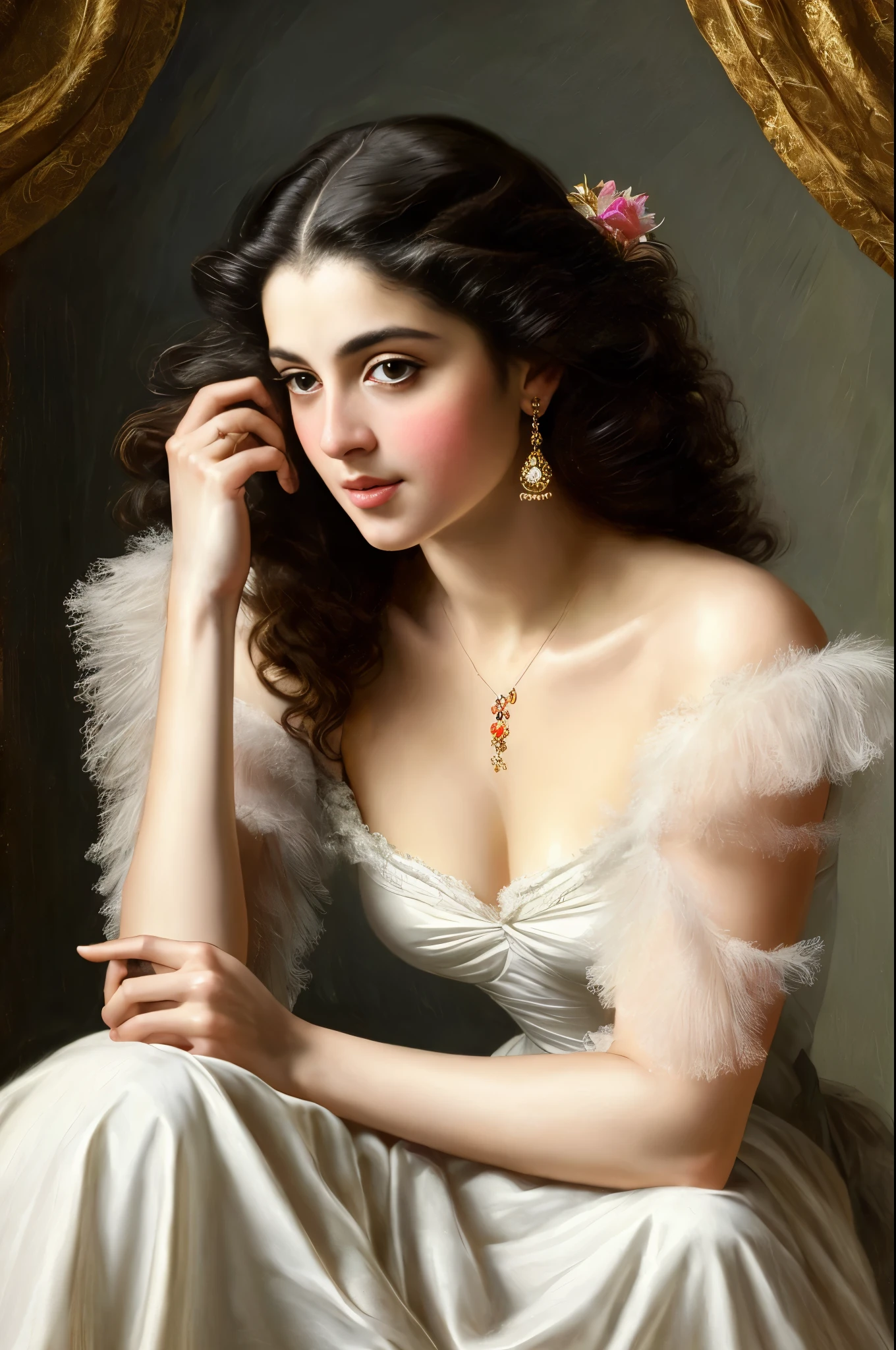 Best quality, highly detailed, masterpiece, Indian princess, Rajkanya, royal clothes, Masterpiece, extremely gorgeous woman, matchless Beauty, portrait, Peter Paul Rubens style, Woman, off shoulder bandeau crop blouse, beautifully styled hair, fluffy hair, middle ages, classicism, andrey atroshenko style, painting, long hair, styled hair, traditional media, realistic, figurative, fine art, detailed Art, oil on canvas, HDR, 8K, original character, high resolution, high detail, focus on the face, intricate, flawless, fluffy hair, Peter Paul Rubens style, By Peter Paul Rubens, sharp picture, no crown