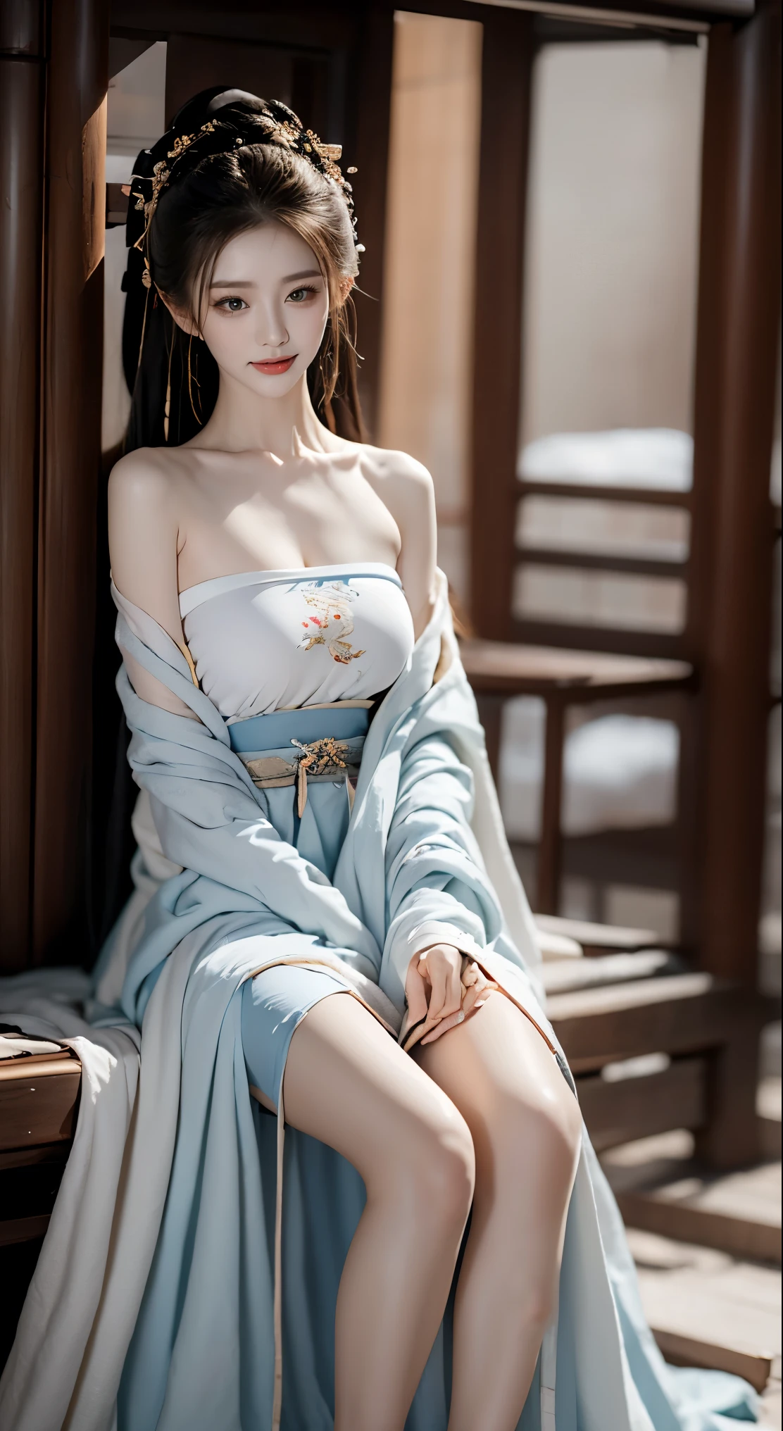 best picture quality，Very detailed，extremely high resolution，perfect body proportions，Works by top photographers。Beautiful Hanfu girl，long eyelashes，big eyes，shining eyes，lying silkworm，plump lips，small nose，a happy expression，Sweet，Exquisite makeup，full-body shot，snow White, Jade legs are thin and straight，snow white skin，Wearing a naked，，imagine，Seven part shoot model: hanfu, CFG scale: 7, Lola: future fashion(0.4)、rainbow(0.4)、martial arts(0.2)、Asian face woman-2(0.4)、poetic fairy tale(0.01)