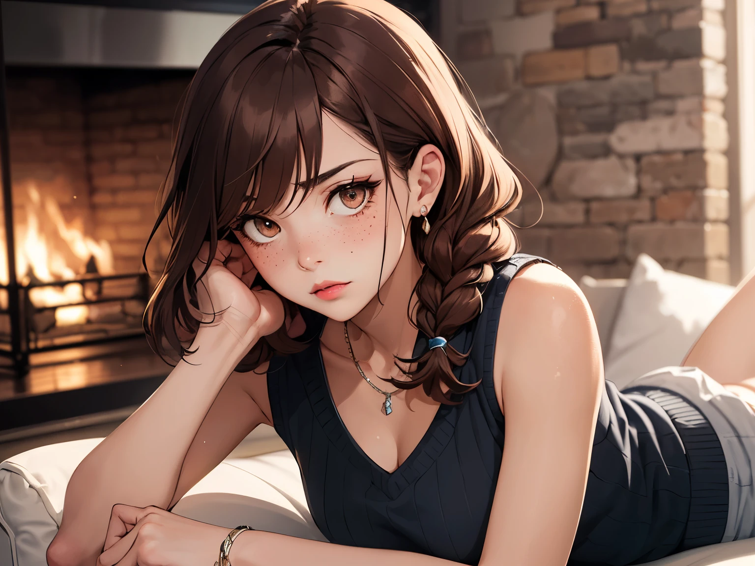 ((best quality)), ((masterpiece)), (detailed), Ridiculous resolution, ultra-high resolution, hyper resolution, (masterpiece:1.4), Hyper-detailing, a woman. She is 17 years old. Auburn hair. She has bangs in her hair. Braids. red lips. closed lips. she is blushing. she has freckles. (Ultra detailed brown eyes:1.4)). she is lying on a sofa by the fireplace. She is wearing a blue colored sleeveless wool sweatshirt. necklace. She is upset.