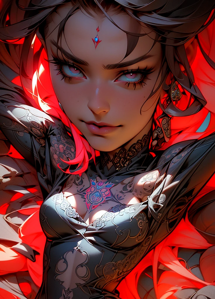 ((highest quality)),(ultra high resolution),(Super detailed),(detailed description),((best CG)),(best work of art),super precision art,amazing drawing art,(Art with precise details:1.5), (adult women:1.8),(Detailed offensive tattoo:1.7),