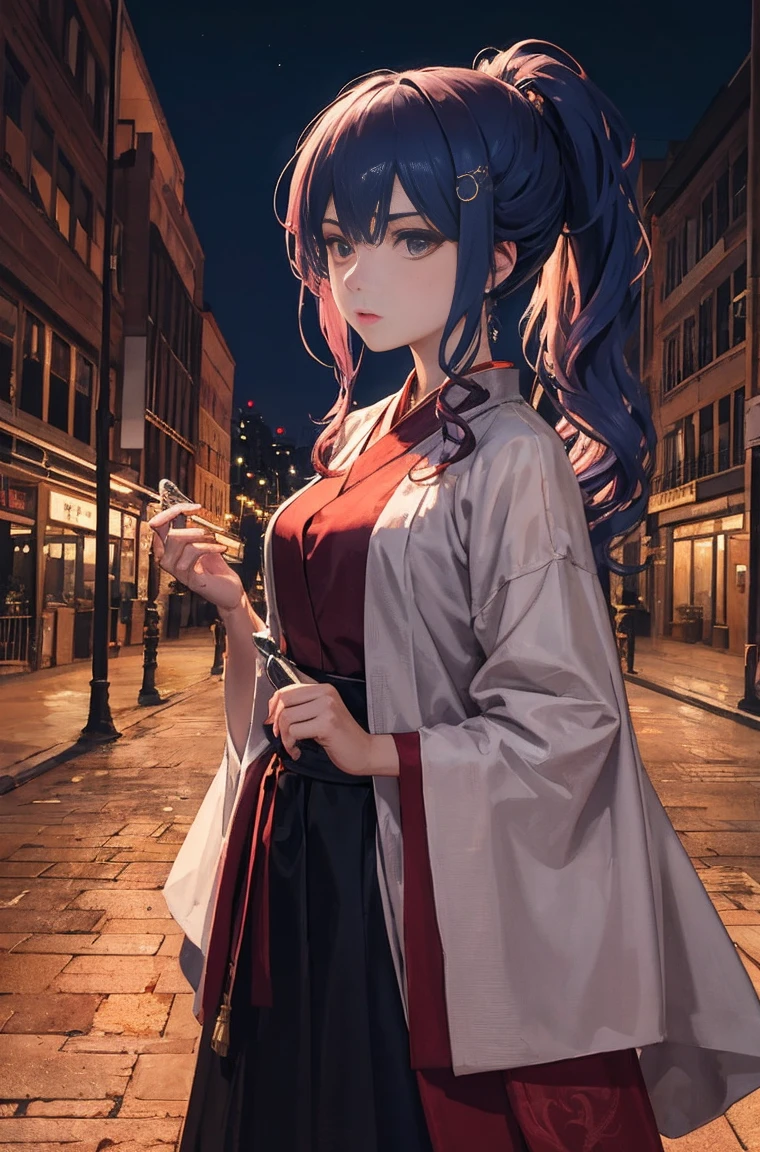 master piece,high quality,Girl with high ponytail,Take a knife,red color Hanfu,look around,background bokeh,long skirt,wide sleeve,night big tree background,anime style,serious expression。