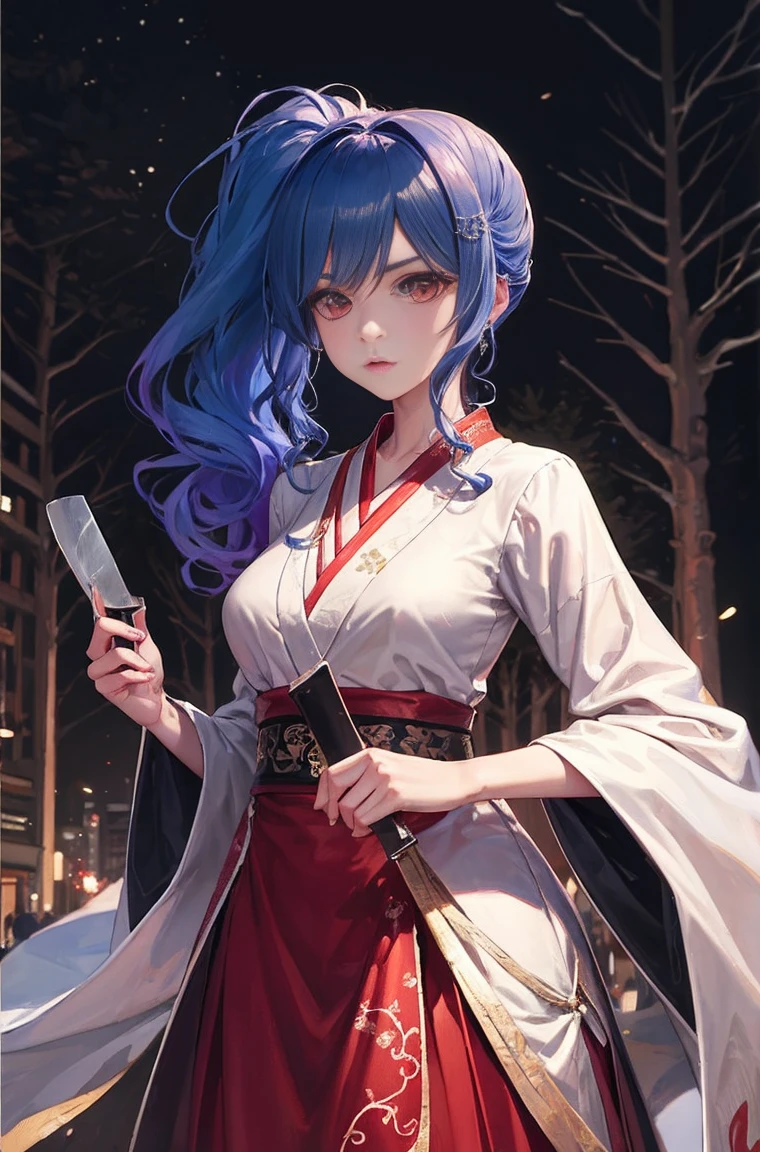 master piece,high quality,Girl with high ponytail,Take a knife,red color Hanfu,look around,background bokeh,long skirt,wide sleeve,night big tree background,anime style,serious expression。