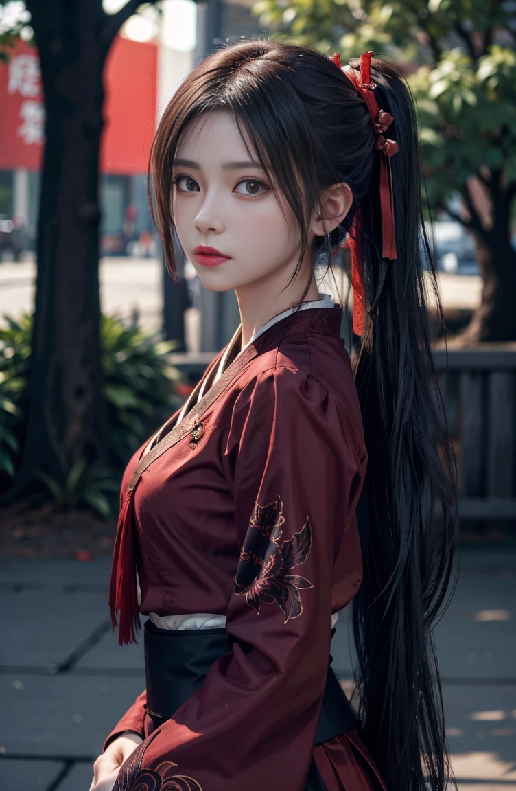 master piece，high quality，Girl with high ponytail，Take a knife，red color Hanfu，look around，background bokeh，long skirt，wide sleeve，night big tree background，anime style，serious expression。