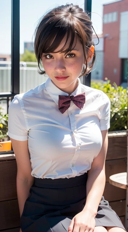 (8k, RAW photo, best quality, masterpiece:1.2), (realistic, photo-realistic:1.37), ultra-detailed, 1 girl,cute, solo,beautiful detailed sky,detailed cafe,night,sitting,dating,(nose blush),(smile:1.1),(closed mouth), medium breasts,beautiful detailed eyes,(collared shirt:1.1), bowtie,pleated skirt,(short hair:1.2),floating hair