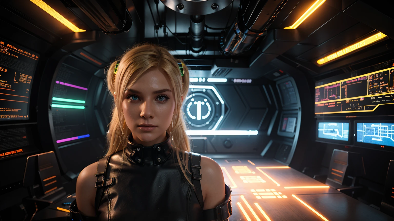 A hot dishwater blonde girl dressed as cyber punk engineer in LED neon lit cyber chamber with raytracing 