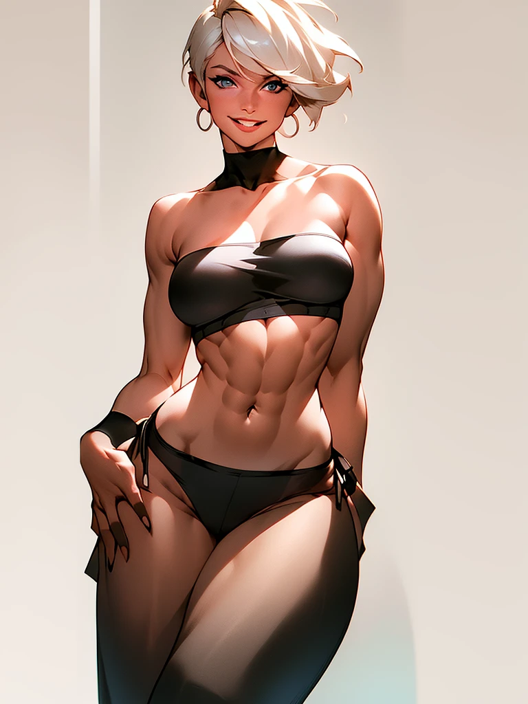portrait photoshoot, platinum blonde bbardot , short hair, bbardot as solo fitness model, toned, large breast, wearing (((black seamless strapless tube bandeau bra top))), (((underboob))), torso shot, muscular, looking at viewer, smiling , blank background