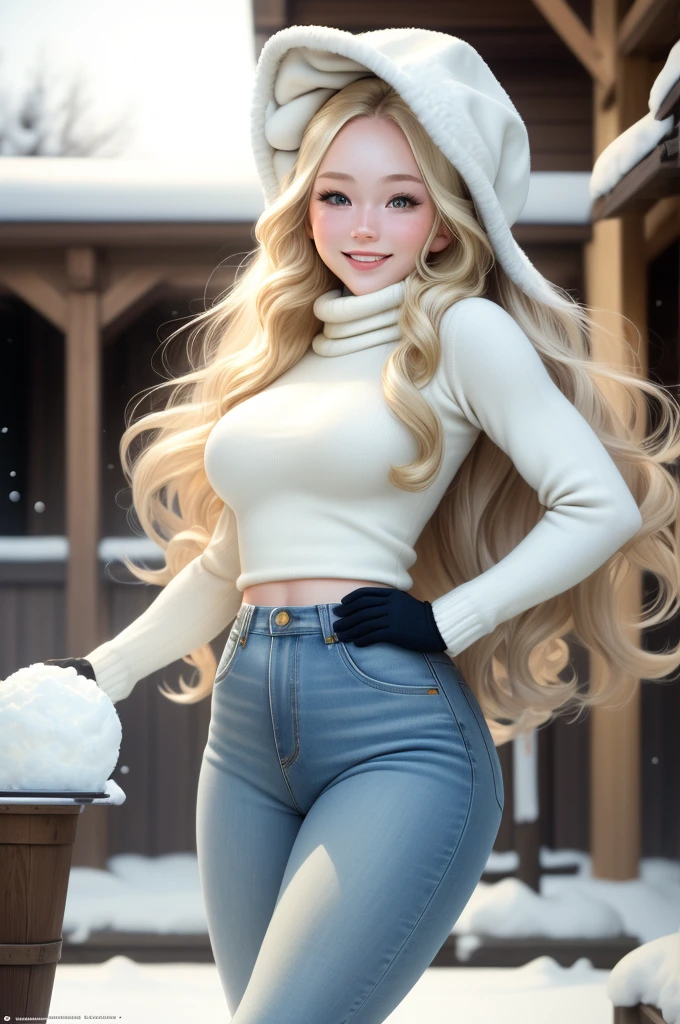 UHD, masterpiece, 1 gorgeous blonde woman with long wavy hair wearing a wool turtleneck sweater, a bonnet on the head and tight jeans pants, 23 years old, she’s a playboy magazine model, (throwing snowballs:1.0), having a great fun playing Snowball Fight, smile, happiness, canon 85 mm, Light depth of field, Kodak Ektar 200, perfect fit body, extremly detailed, Kodak gold 200
