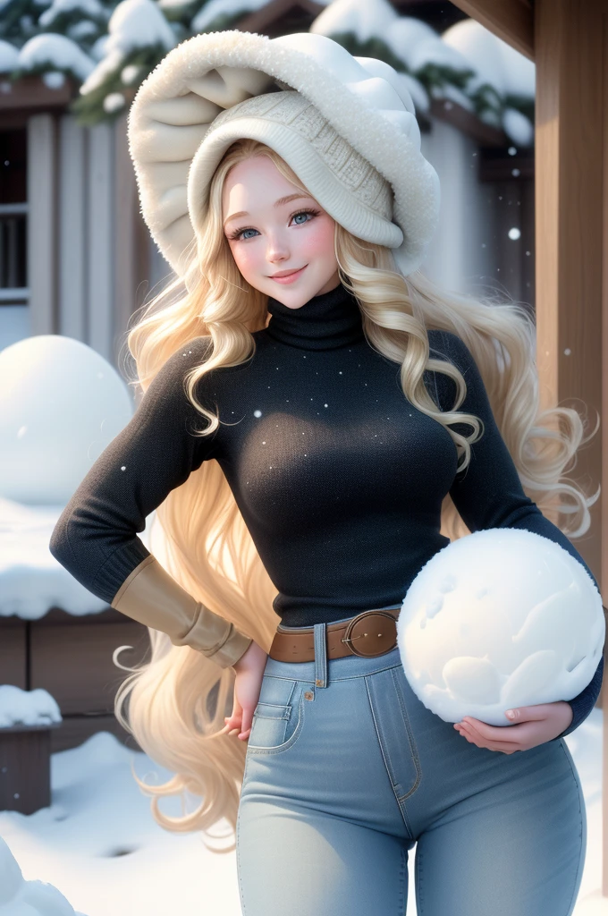 UHD, masterpiece, 1 gorgeous blonde woman with long wavy hair wearing a wool turtleneck sweater, a bonnet on the head and tight jeans pants, 23 years old, she’s a playboy magazine model, (throwing snowballs:1.0), having a great fun playing Snowball Fight, smile, happiness, canon 85 mm, Light depth of field, Kodak Ektar 200, perfect fit body, extremly detailed, Kodak gold 200
