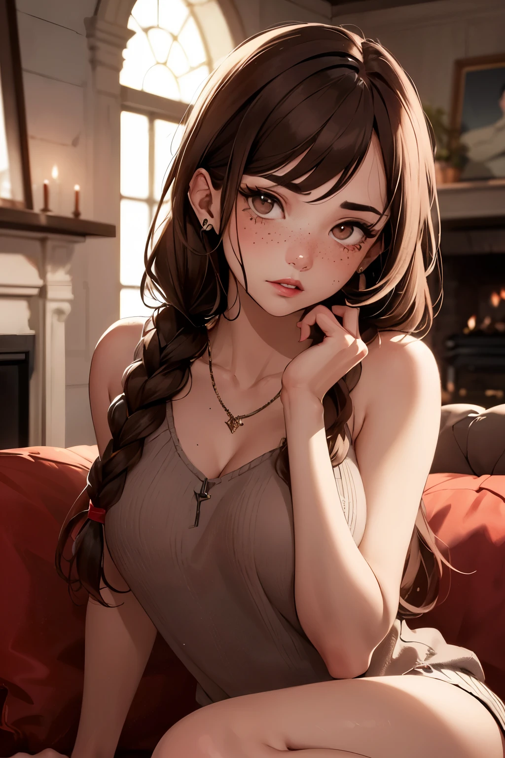 ((best quality)), ((masterpiece)), (detailed), Ridiculous resolution, ultra-high resolution, hyper resolution, (masterpiece:1.4), Hyper-detailing, a woman. She is . Brown hair. She has bangs in her hair. Braids. red lips. closed lips. she is blushing. she has freckles. (Ultra detailed brown eyes:1.4)). she is lying on a sofa by the fireplace. She is wearing a sleeveless wool sweatshirt. necklace. She is upset.