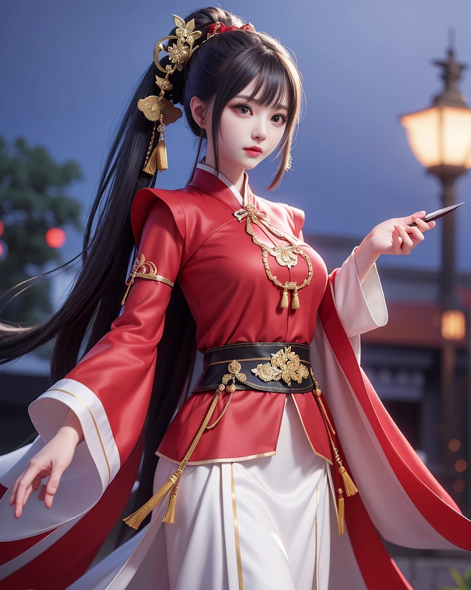 master piece,high quality,Girl with high ponytail,Take a knife,red color Hanfu,look around,background bokeh,long skirt,wide sleeve,night big tree background,anime style,serious expression。