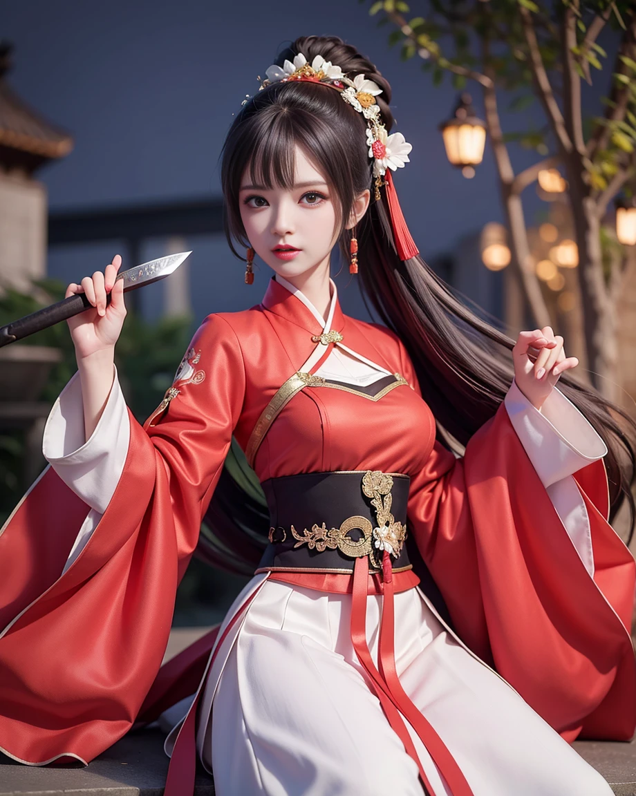 master piece，high quality，Girl with high ponytail，Take a knife，red color Hanfu，look around，background bokeh，long skirt，wide sleeve，night big tree background，anime style，serious expression。