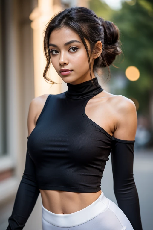 A half body photo of a skinny girl 20 y.o., NSFW, flashing, (:1.1),
Pilates pants and fitted long-sleeve top, Dame, Short, Narrow Hips, Square Face, Dark Skin, Chestnut Hair, dark brown Eyes, Straight Nose, Thick Lips, Sharp Chin, Shoulder-Length Hair, Thick Hair, Bun, full breasts, , rose gloss lipstick,
Masterpiece, hi res, 8k, award winning, RAW photo, high quality, 35mm photograph, film grain, bokeh, professional, 4k, highly detailed, 