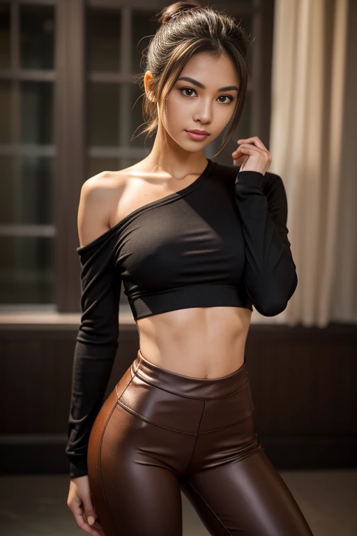 A half body photo of a skinny girl 20 y.o., NSFW, flashing, (:1.1),
Pilates pants and fitted long-sleeve top, Dame, Short, Narrow Hips, Square Face, Dark Skin, Chestnut Hair, dark brown Eyes, Straight Nose, Thick Lips, Sharp Chin, Shoulder-Length Hair, Thick Hair, Bun, full breasts, , rose gloss lipstick,
Masterpiece, hi res, 8k, award winning, RAW photo, high quality, 35mm photograph, film grain, bokeh, professional, 4k, highly detailed, 