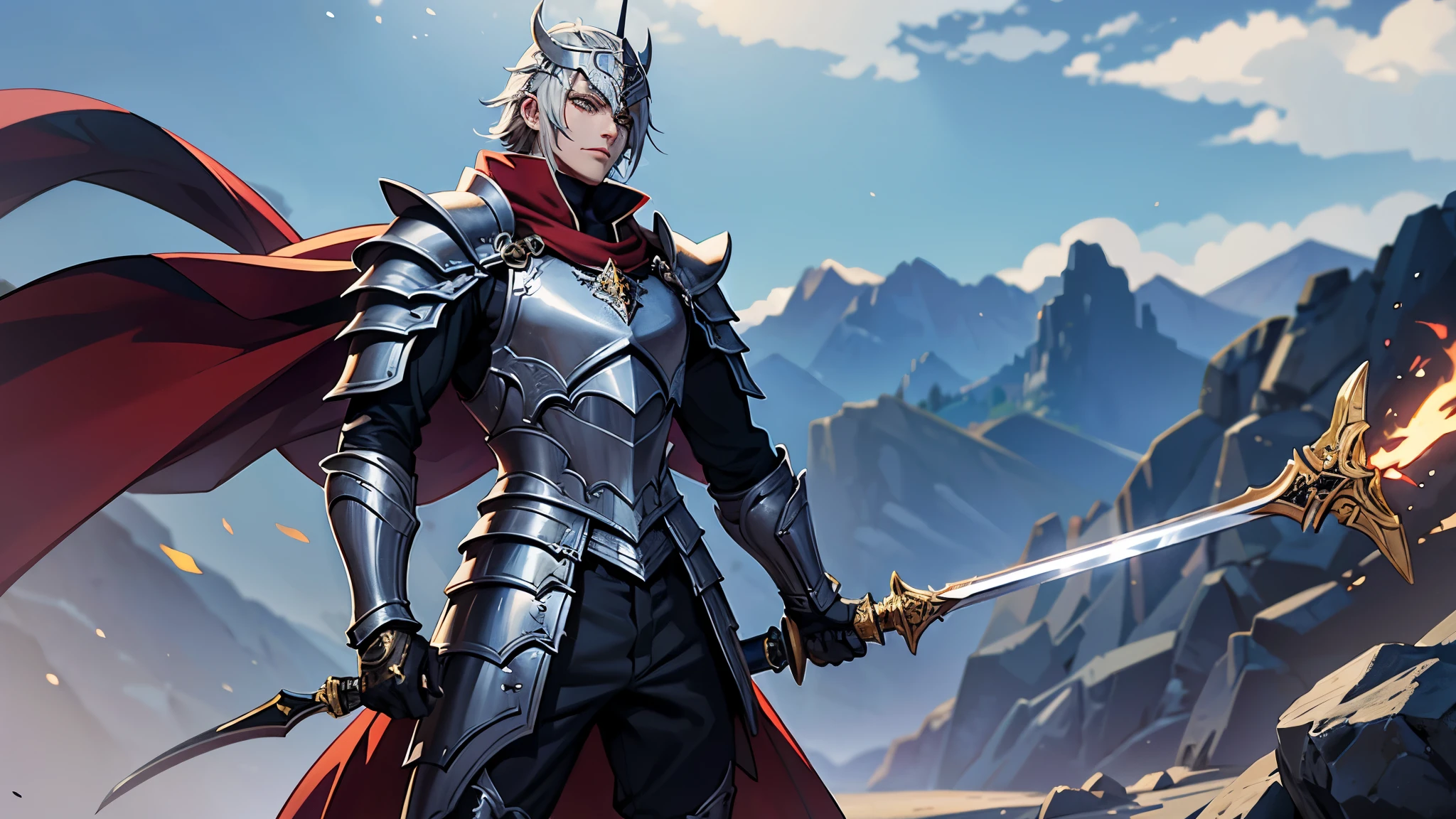 anime character man with sword standing, gothic cavaleiro, evil cavaleiro, O estilo do WLOP, fantasy cavaleiro, cavaleiro, imperador real, dark souls cavaleiro paladino, armadura banhada off-white, usando armadura pesada com capa, black heavy armor with gold trim, arte cg de anime suave, espada brilhante com raio. com a armadura do Morne's Set