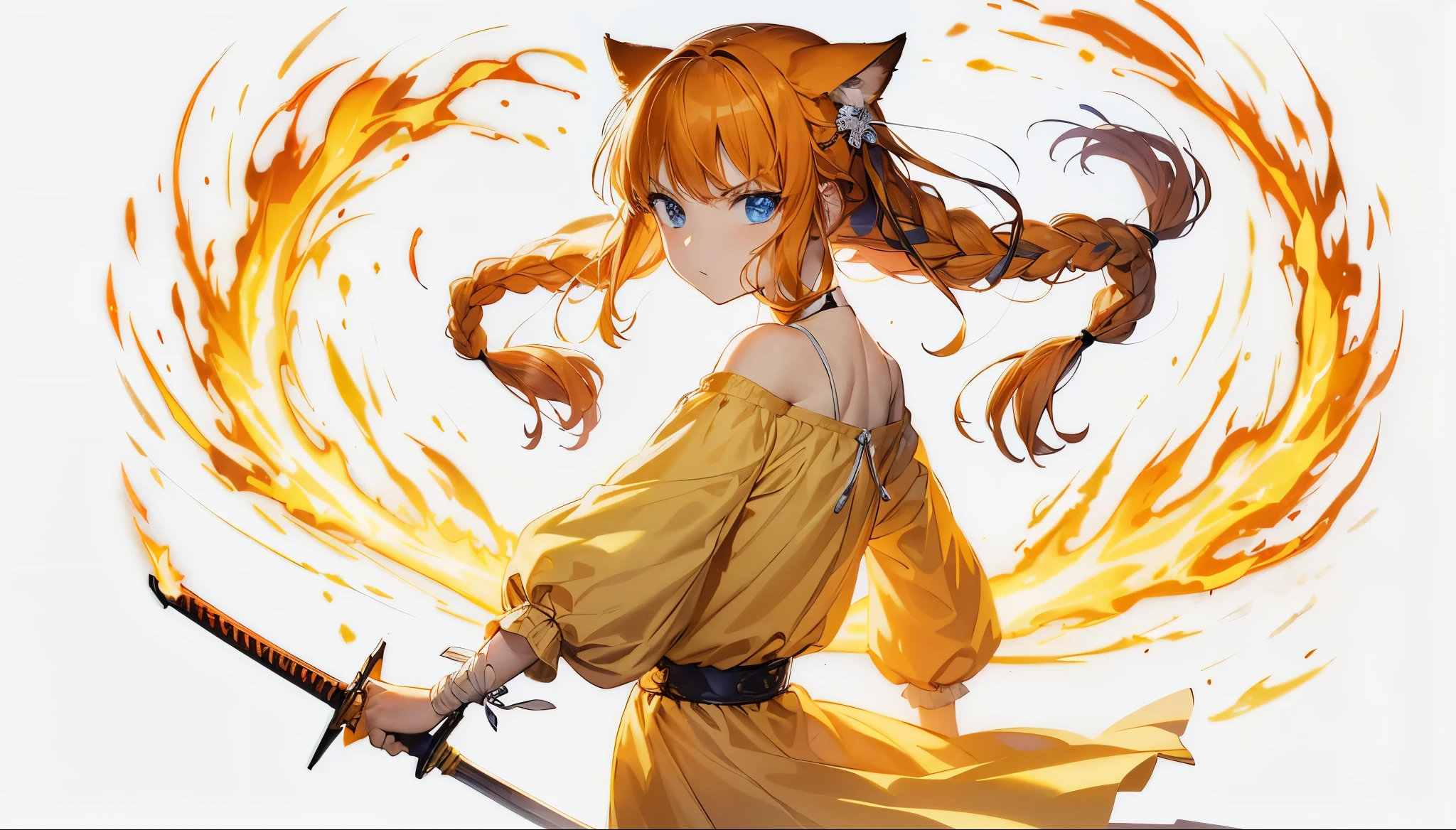 1 girl, human with cat ears, 16 years old, mid-length orange hair, braided hairstyle, straight bangs, deep blue eyes, childlike face, slender figure, wearing an off-shoulder, baggy, bright yellow, simple dress, glaring at an opponent, dynamically slashing from left to right with a fire sword in her right hand, creating a powerful trail of flames in the sword's path, full of energy and motion, anime style, flat high quality illustration, unity 8k wallpaper, ultra detailed, BREAK white background