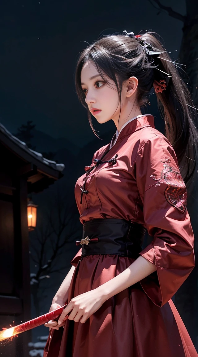 master piece,high quality,Girl with high ponytail,Take a knife,red color Hanfu,look around,background bokeh,long skirt,wide sleeve,night big tree background,anime style,serious expression。