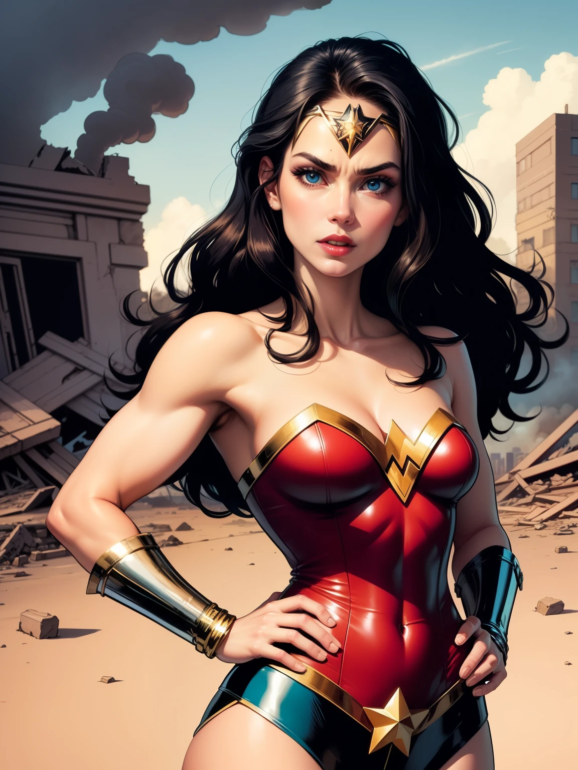 A comic book-style image of Wonder Woman, with her as the central figure. She is standing with her hands on her hips, looking straight ahead with determination. She wears a red, blue and gold outfit, with a white star on her chest and a golden tiara on her forehead. She has long, straight dark hair, blue eyes and red lips. She is surrounded by a city in ruins, with destroyed buildings and smoke. She has a serious and confident expression, as if she is ready to fight evil. higly detailed.
