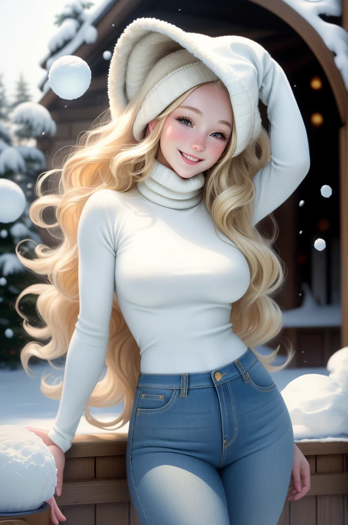 UHD, masterpiece, 1 gorgeous blonde woman with long wavy hair wearing a wool turtleneck sweater, a bonnet on the head and tight jeans pants, 23 years old, she’s a playboy magazine model, (throwing snowballs:1.0), having a great fun playing Snowball Fight, smile, happiness, canon 85 mm, Light depth of field, Kodak Ektar 200, perfect fit body, extremly detailed, Kodak gold 200