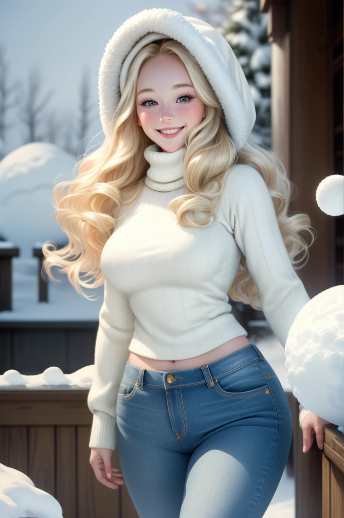  UHD, masterpiece, 1 gorgeous blonde woman with long wavy hair wearing a wool turtleneck sweater, a bonnet on the head and tight jeans pants, 23 years old, she’s a playboy magazine model, (throwing snowballs:1.0), having a great fun playing Snowball Fight, smile, happiness, canon 85 mm, Light depth of field, Kodak Ektar 200, perfect fit body, extremly detailed, Kodak gold 200