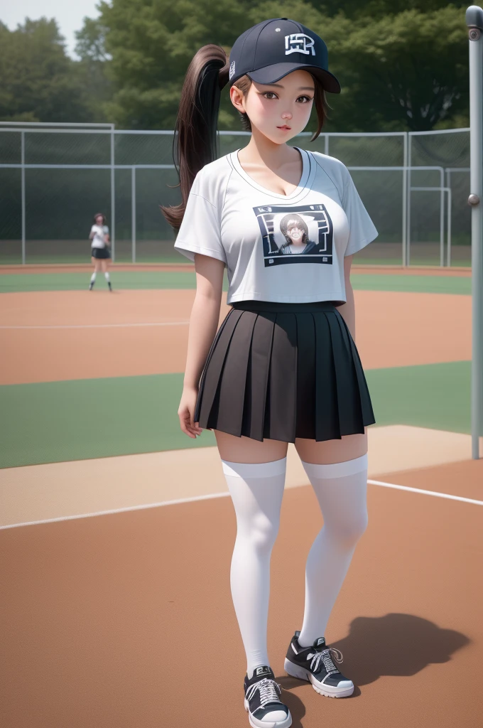 Short straight hair double ponytail hairstyle，A high school girl in a baseball cap，Sports T-shirt，Deep V，JK skirt，white pantyhose，student shoes，standing on a playground，Expose cleavage，no extra limbs，Only limbs
