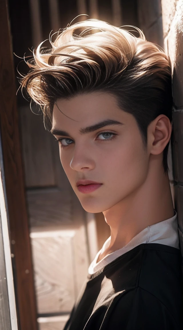 Um homem, , branco, cabelos loiros, olhos cor de rosa.